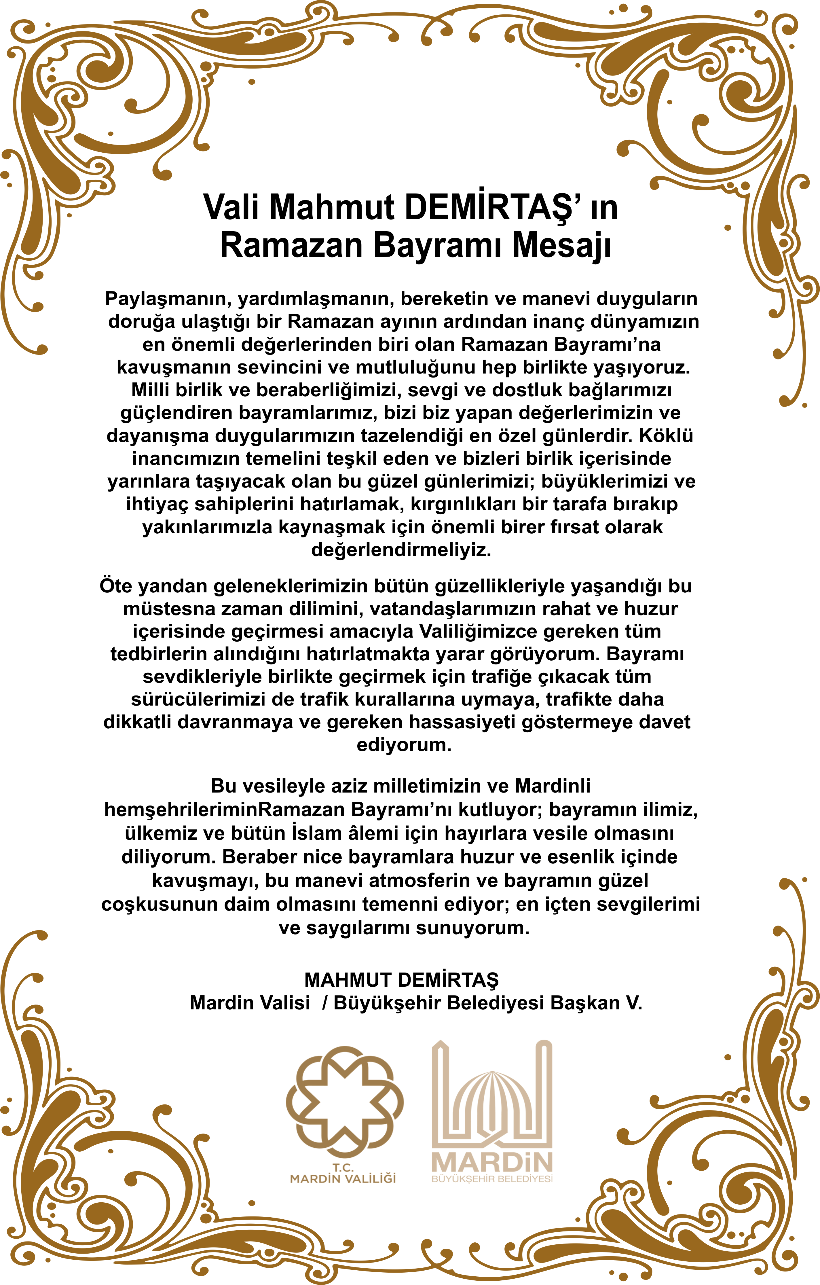 VALİ MAHMUT DEMİRTAŞ'IN RAMAZAN BAYRAMI MESAJI
