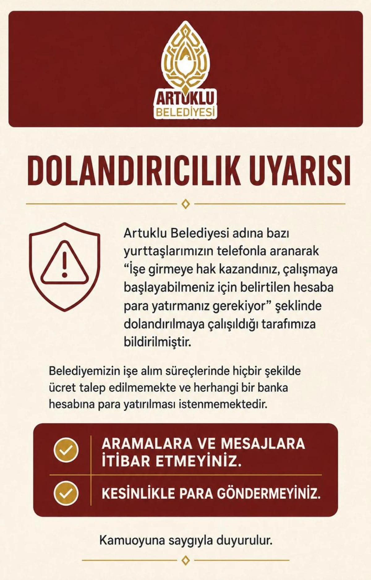 Artuklu Belediyesi&rsquo;nden Dolandırıcılık Uyarısı