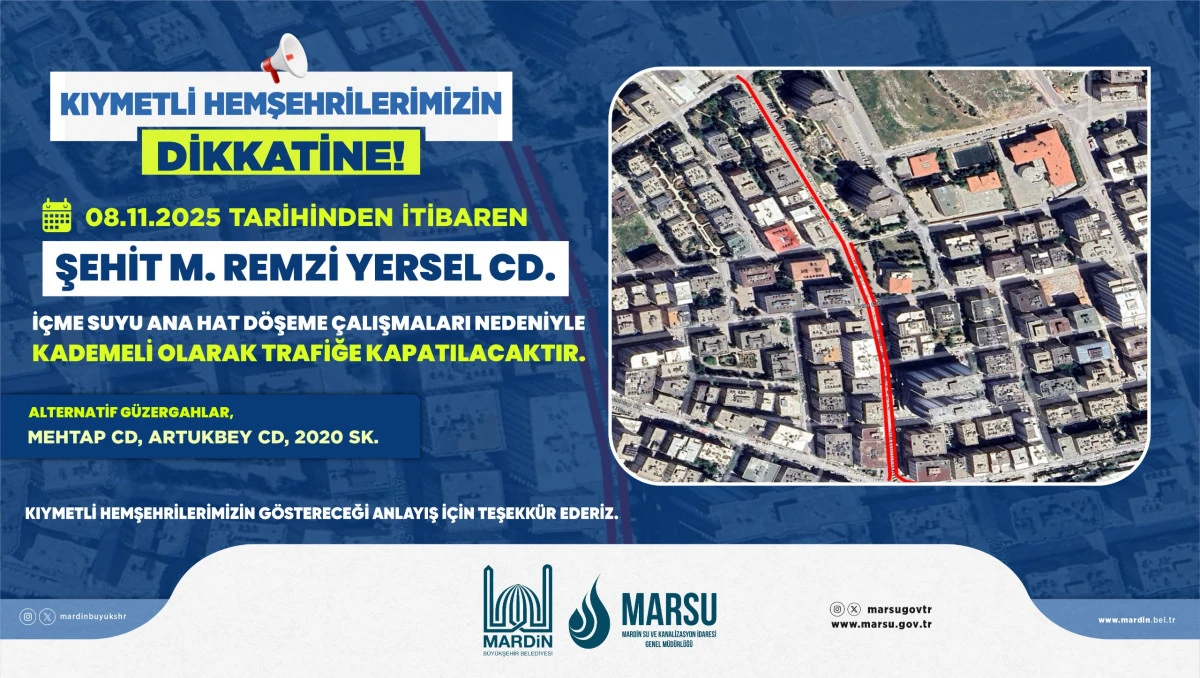 Artuklu Şehir Merkezinde Su Hattı Döşeme Çalışmaları Nedeniyle Trafik Düzenlemesi