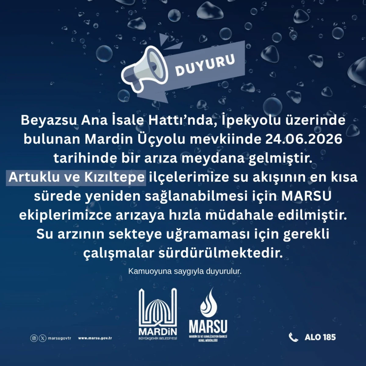 Beyazsu Ana İsale Hattı&rsquo;nda Arıza: Artuklu Ve Kızıltepe İ&ccedil;in Ekipler Seferber Oldu