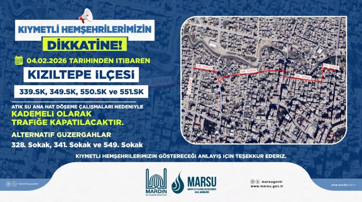 Kızıltepe&rsquo;de Altyapı &Ccedil;alışmaları Nedeniyle 4 Sokak Kademeli Olarak Trafiğe Kapatılacak
