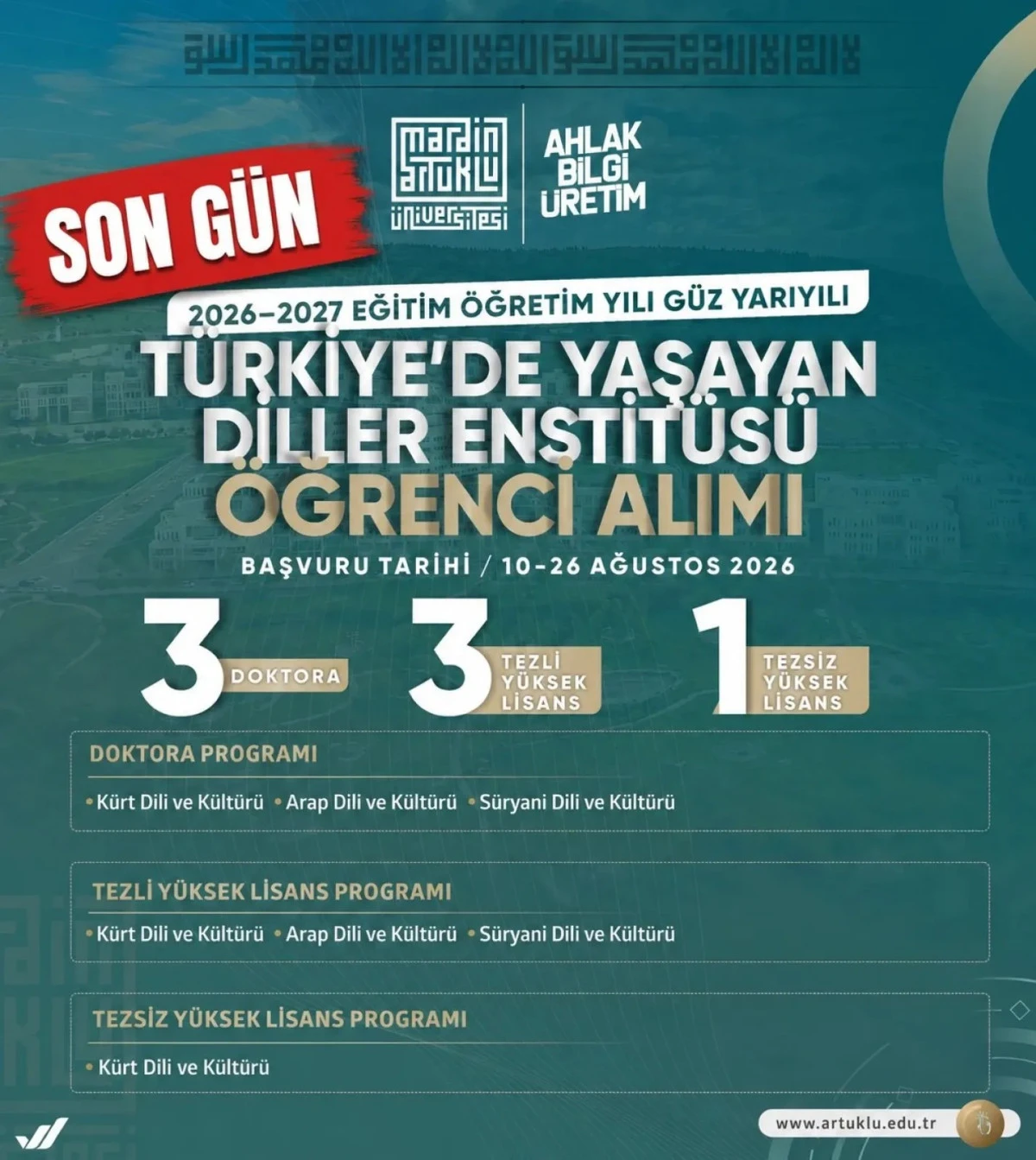 Mardin Artuklu &Uuml;niversitesi Yaşayan Diller Enstit&uuml;s&uuml; Lisans&uuml;st&uuml; Başvurularında Son G&uuml;n