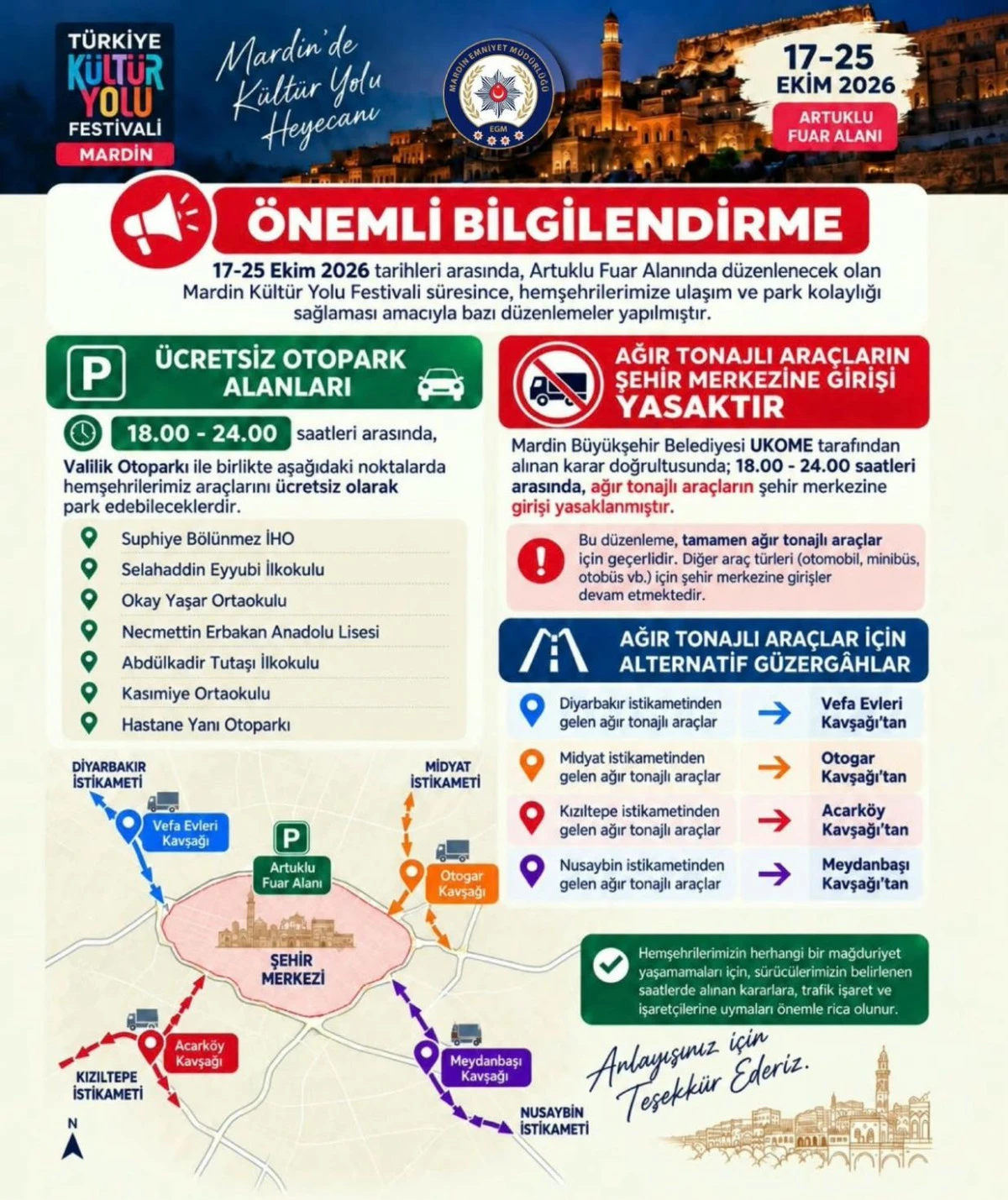 MARDİN K&Uuml;LT&Uuml;R YOLU FESTİVALİ BOYUNCA TRAFİK VE OTOPARK D&Uuml;ZENLEMESİ: AĞIR TONAJLI ARA&Ccedil;LARA GİRİŞ YASAĞI