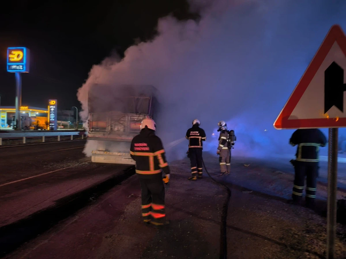 Mardin'de hayvan yemi y&uuml;kl&uuml; tırın dorsesinde yangın &ccedil;ıktı