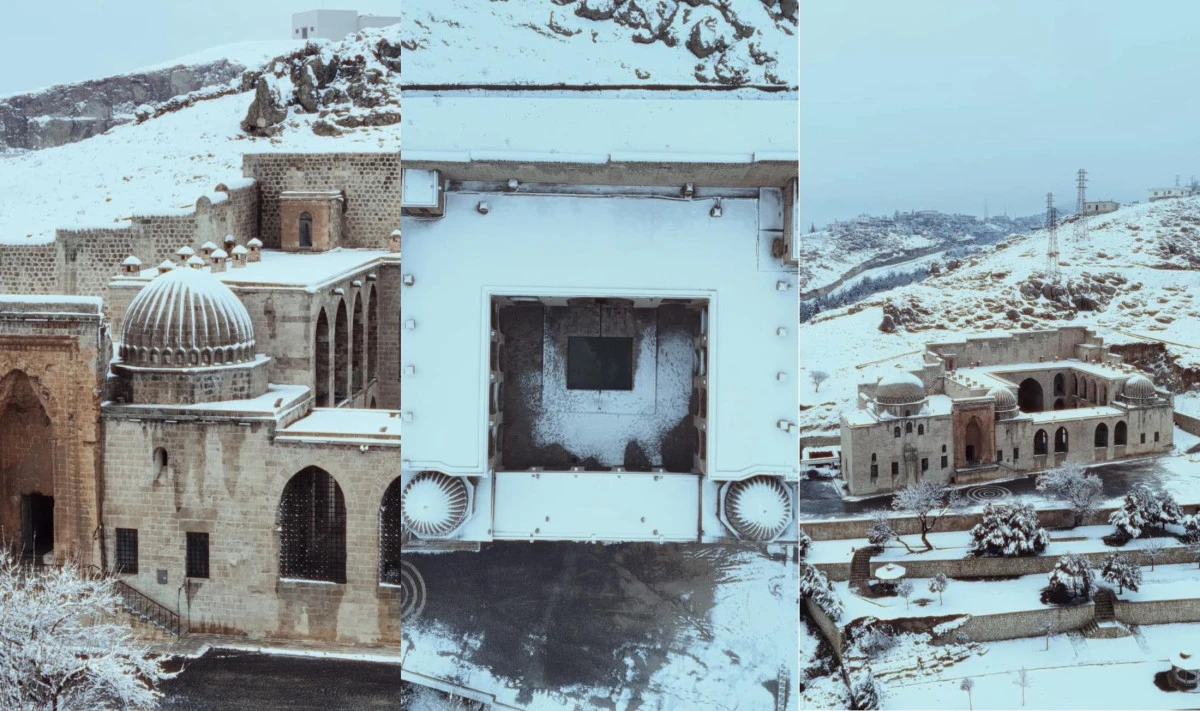 Mardin&rsquo;de Kasımiye Medresesi&rsquo;nin kar altındaki manzarası dronla g&ouml;r&uuml;nt&uuml;lendi