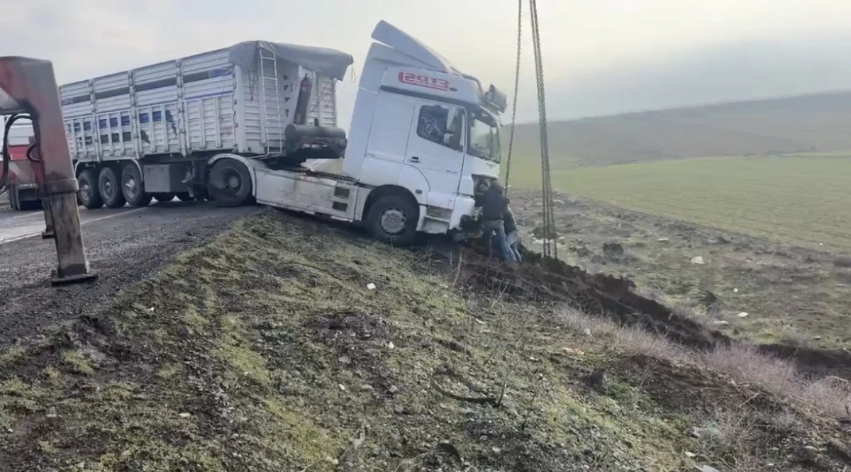 Mardin'de kontrolden &ccedil;ıkan tır yol kenarına savruldu