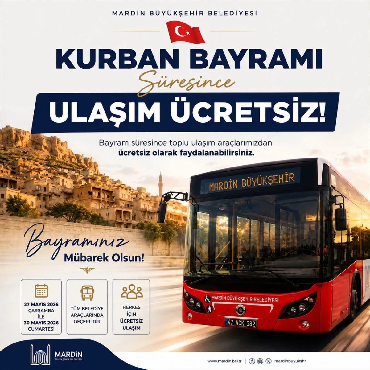 Mardin&rsquo;de Kurban Bayramı&rsquo;nda Toplu Ulaşım &Uuml;cretsiz