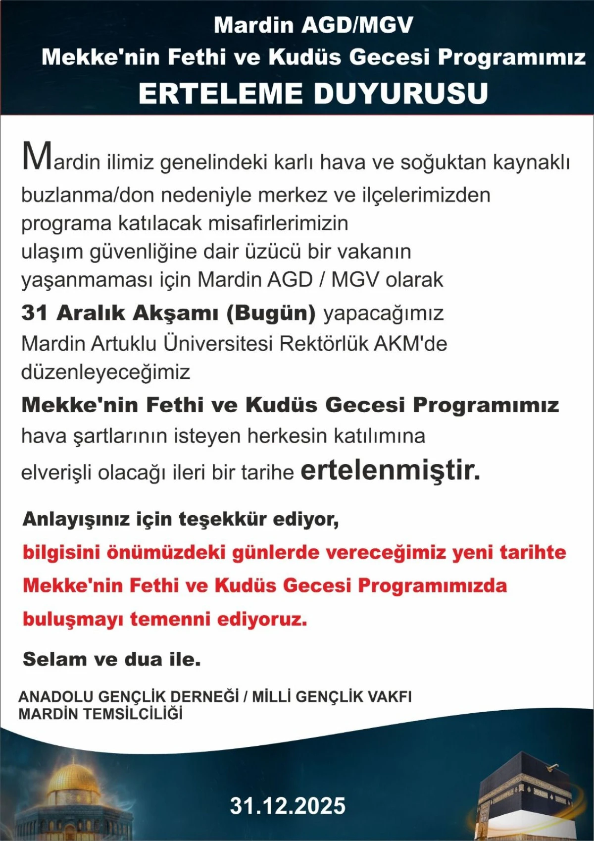 Mardin'de Mekke'nin Fethi ve Kud&uuml;s Gecesi Programı Ertelendi